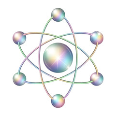 Iridescent atom model with rainbow colors on transparent background