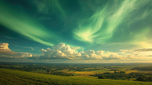 A stunning view of a green sky with clouds and a landscape below