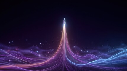 Rocket Soaring Upwards with Colorful Light Trails Against a Dark Starry Background