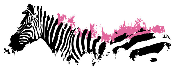 Artistic zebra profile illustration with pink ink splatters and grunge textures © Wuszu
