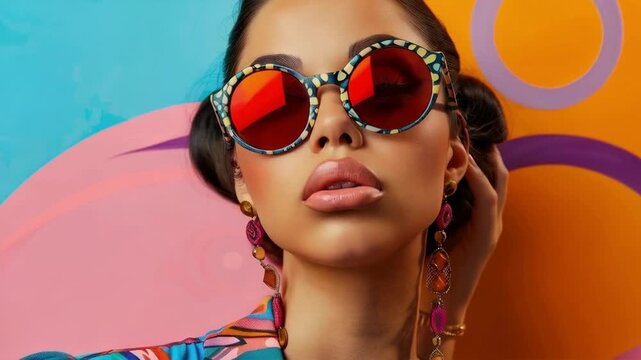 A woman wearing bright glasses with a geometric design and stylish jewellery will emphasise fashion trends, blending perfectly into the background for glossy magazines or accessory advertisements.
