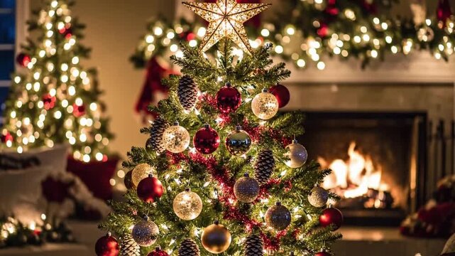 Warm fire and bright Christmas tree lights create a holiday atmosphere in a cozy living room with decorations