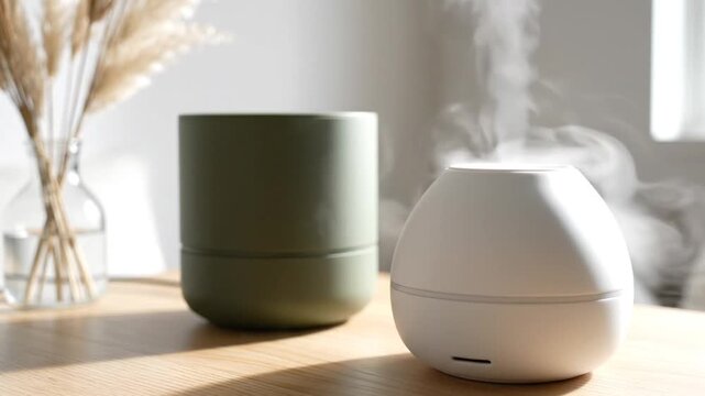 Sleek Minimalist Olive Green Humidifier Modern Aroma Diffuser Close-up View Contemporary Home Wellness Device Mockup for Interior Design Aesthetics