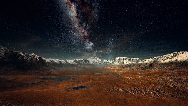 Breathtaking view of rugged mountains with snow capped peaks, an expanse of orange brown earth, and a vast starry sky filled with bright stars and the Milky Way.