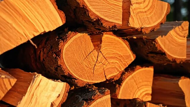 Close-up of a stack of split firewood glowing in the warm golden light of the setting sun