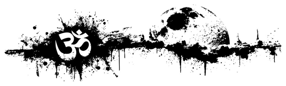 Spiritual horizontal banner with om symbol and full moon in grungy ink style