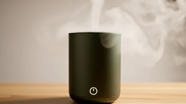 Sleek olive green cylindrical humidifier with chrome power button featuring minimalist design for modern home wellness aromatherapy vapor diffuser electronic device for indoor air quality.