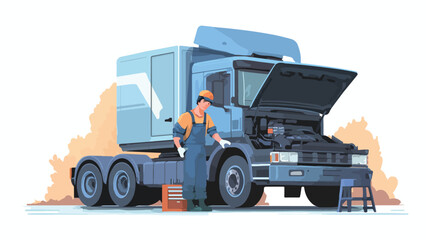 Obraz premium A mechanic in blue overalls inspects a large truck with its hood open