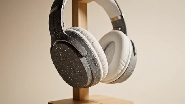 Sleek modern wireless white headphones featuring a speckled gray textured finish, close-up electronic audio gear for high fidelity sound, minimalist design for mobile music and technology lovers