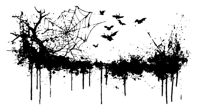 Spooky Halloween scene with spider web bats and gnarled tree on grunge ink drips