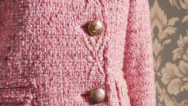 A womans stylish pink tweed jacket with pearl and gold buttons, featuring intricate pearl embroidery, against a classic patterned wallpaper.