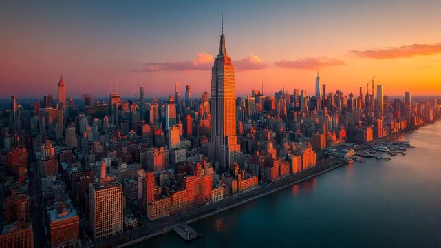 Stunning sunset over New York City showcasing the Empire State Building and vibrant city skyline in beautiful warm tones