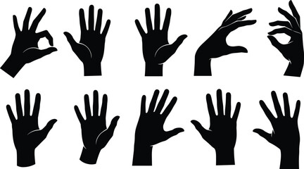Obraz premium Black hand gesture silhouette set showing various human hand positions isolated on white background for sign language, icons, and design use