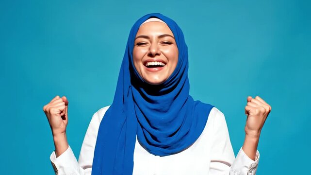 Happy Muslim woman wearing blue hijab celebrating success.