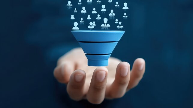Hand Holding Blue Funnel with Icons of People Representing Data Processing and Communication Concepts