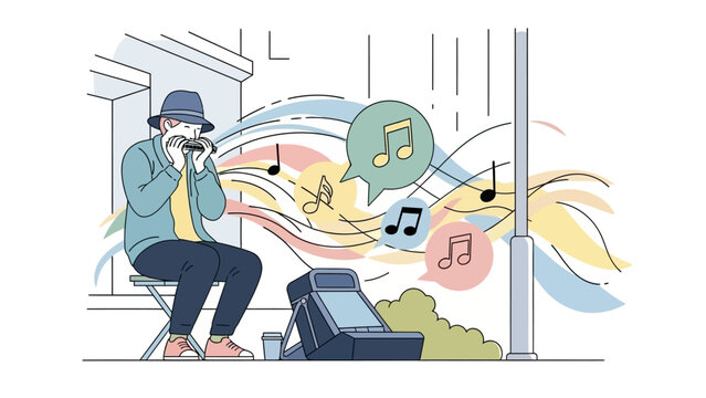 Street musician playing a harmonica performance.