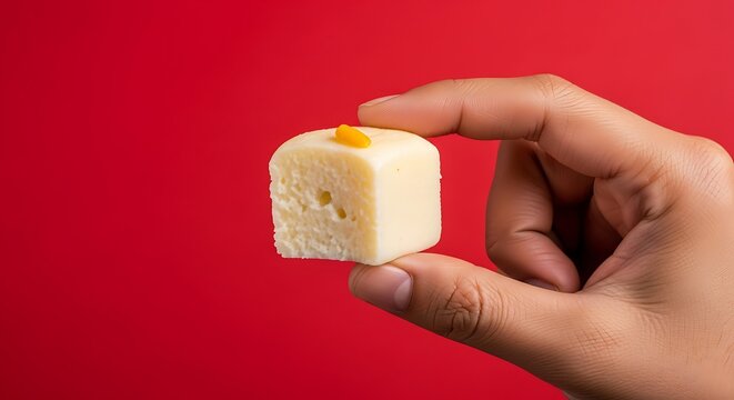 hand holding a ras malai dessert piece