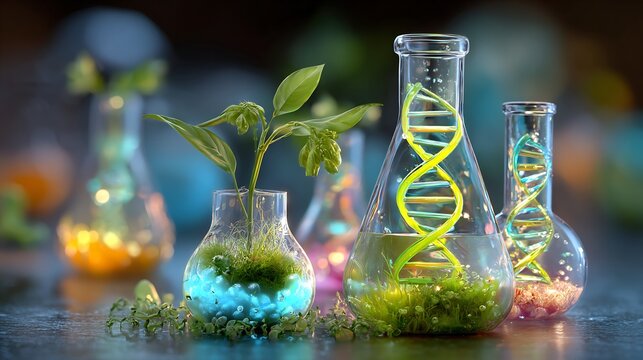 Futuristic laboratory glassware containing glowing plant DNA sample high tech genetic engineering research