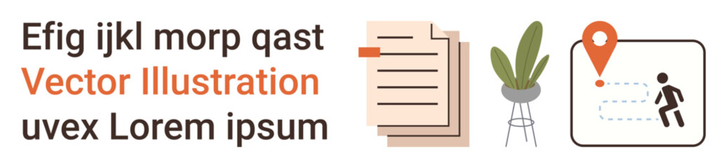 Business management, information sharing, navigation, workplace organization, communication, task planning. A document, potted plant and map pin with directional elements. Business management © robu_s