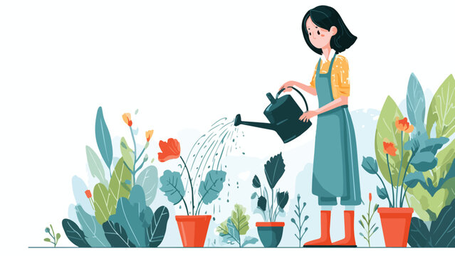 Woman watering potted plants with a watering can in a garden filled with leaves and flowers