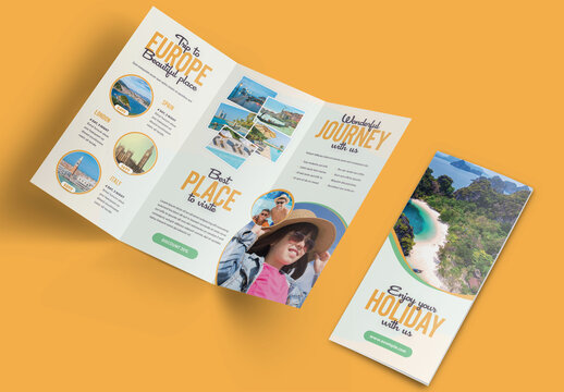 Travel Trifold Brochure Layout with Green and Yellow Accents