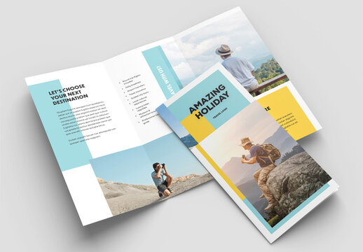 Travel Trifold Brochure Layout with Cyan and Yellow Accents
