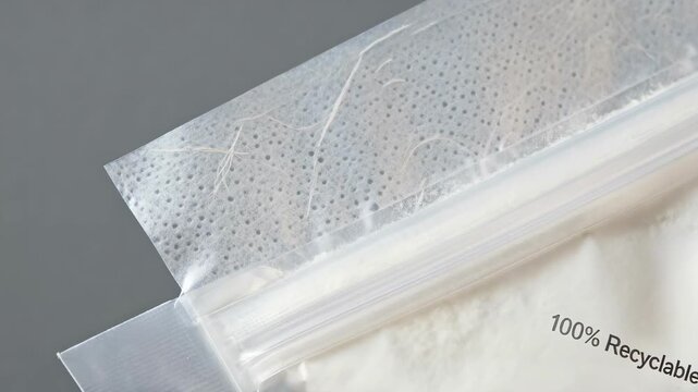 Closeup of translucent biobased recyclable powder packaging film showcasing its ecofriendly texture for milk powder storage in sustainable monomaterial bags.