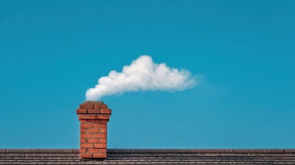 Cloud of Smoke Rising from Chimney Against Clear Blue Sky, Serene and Tranquil Atmosphere Captured in Crisp Detail