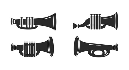 Four black bugles displayed in varying orientations a striking silhouette © Jesmin