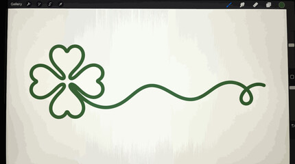Minimalist green four-leaf clover logo with flowing line motif, a nature-inspired line art illustration for branding and luck.