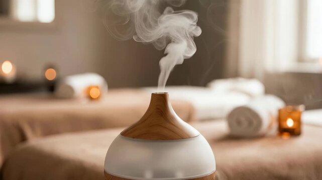 The diffuser steams while candles glow softly in a wellness room, as people relax during morning spa treatments