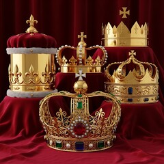 Ornate golden crowns rest on luxurious red velvet fabric.