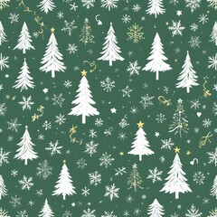 눈송이와 크리스마스 트리가 있는 녹색 크리스마스 배경, 녹색 배경에 크리스마스 트리와 눈송이의 이음새 없는 패턴, 크리스마스 포장지, 장식이 있는 크리스마스 패턴