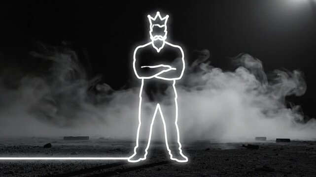 Neon outline of a king figure with a crown, standing tall, surrounded by a dramatic atmosphere of fog and mystery