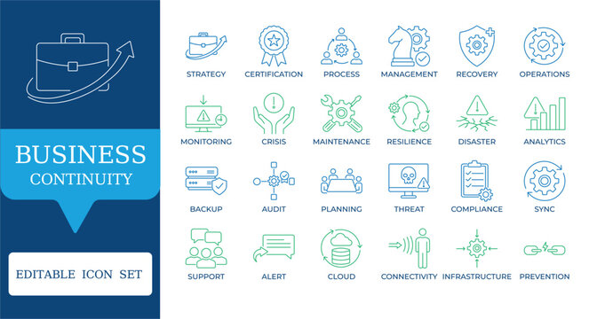 Business Continuity and Risk Management Icons. Featuring disaster recovery, crisis planning, cybersecurity, and resilience symbols. Editable vector set for corporate reports and apps