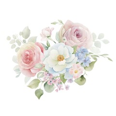Pastel watercolor floral bouquet with roses and peony