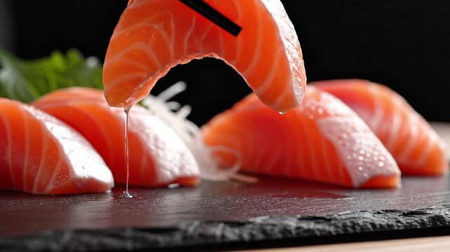 Celebrating chopstick day with fresh salmon sushi on a slate board