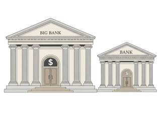 Two bank buildings with columns and dollar sign on transparent background