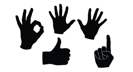 Fototapeta premium Five black hand gestures displayed against a white background silhouette