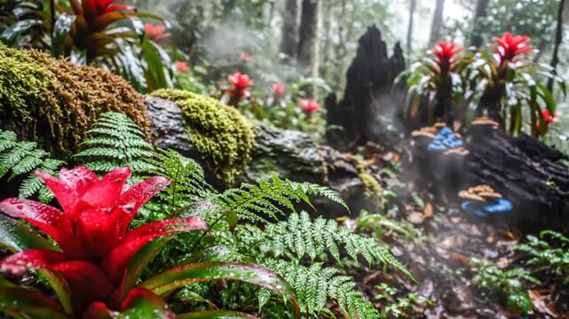 Lush Tropical Rainforest Scene with Vibrant Red Bromeliads and Mossy Log Under Morning Mist
