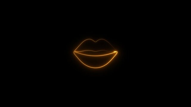 Glowing neon lips outline on black background, neon lips, glowing lips, lipstick, makeup, beauty 4k animation video with black background 