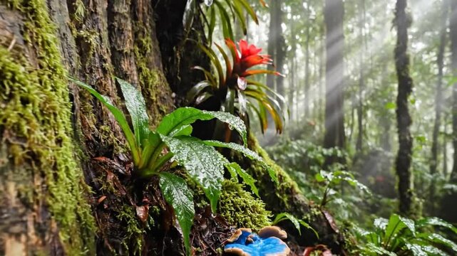 Rainforest tree trunk with ferns, moss, and bromeliads, with sun rays through the forest, nature scene