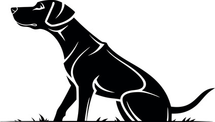 Black silhouette of a hunting dog, possibly a Labrador Retriever or Pointer, sitting attentively on a patch of grass, isolated on a white background. The vector illustration features clean lines
