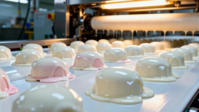 Close medium shot of fondant being processed into icings on an automated line highlighting the glossy pliable sugar mixture coating confectionery centers.
