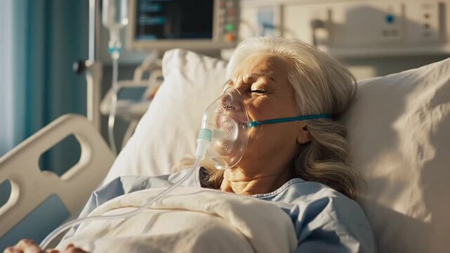 Hospital setting with patient receiving care in bed with oxygen mask at evening time