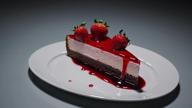 Sliced cheesecake topped with strawberry and glossy red sauce, cream filling over chocolate crust on white plate, three whole berry garnish, sauce drip and small pool on plate, sweet dessert slice