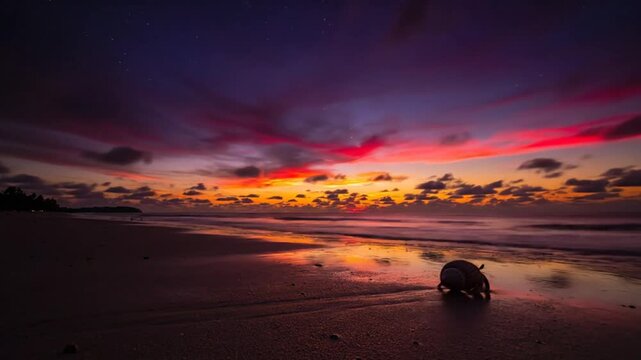 Stunning timelapse of a vibrant sunset over a tropical beach with a hermit crab, the sky transforming with color.