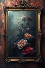 Elegant vintage painting of roses framed in ornate gold detailing against a dark background