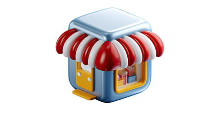 Charming Boutique Illustration: A stylized illustration of a quaint boutique, with a vibrant red and white striped awning, inviting visitors with its playful aesthetic.