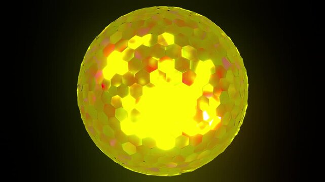 Living 3D cybernetic core: Pulsing gold hexagon sphere 360 degree rotating, individual hexagonal peels with heartbeat motion gradient color shifting to red gold ProRes 4444 XQ seamless loop animation.